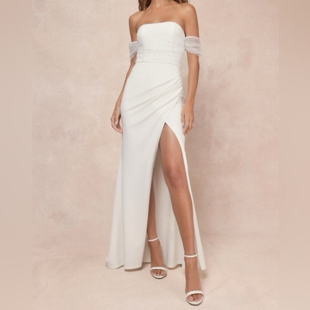 Profound Glamour Ivory Pearl Off-the-Shoulder Tulip Maxi Dress XS
